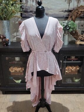 Blush Pink High-Low Wrap Top with Ruffle Sleeves